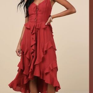 Playful Style Brick Red Lace-Up Ruffled High-Low Midi Dress NWT